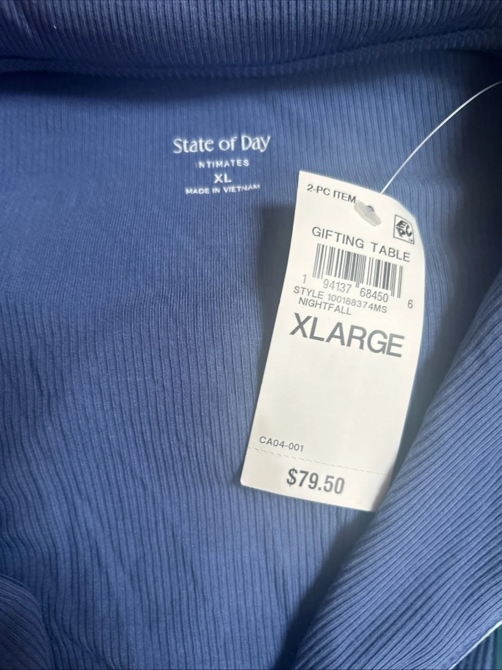 State of Day Ribbed Notched-Collar Button Down Periwinkle Blue PJ’s Set Size XL